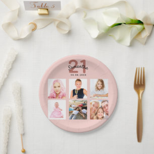 Assiettes En Carton 21e anniversaire rose or blush nom photo