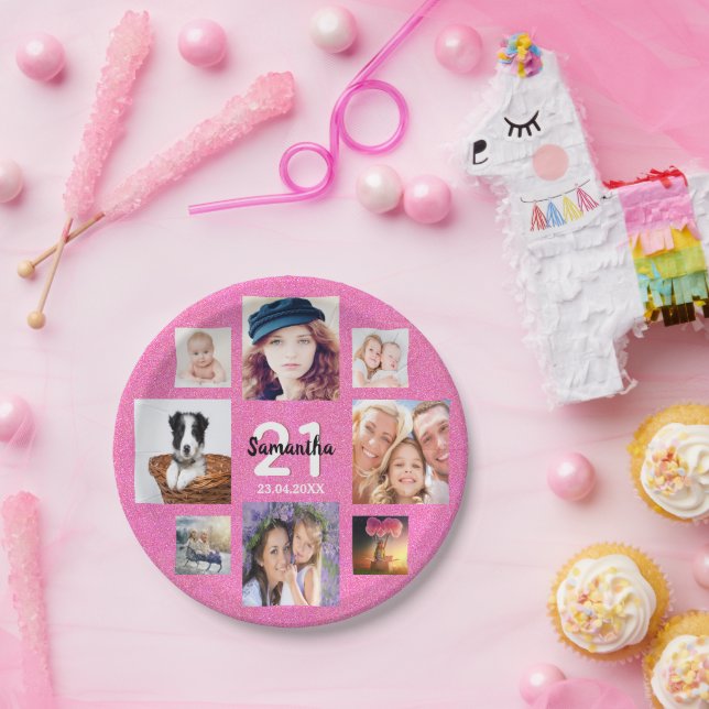 Assiettes En Carton 21e anniversaire rose photo collage parties scinti (Fête)