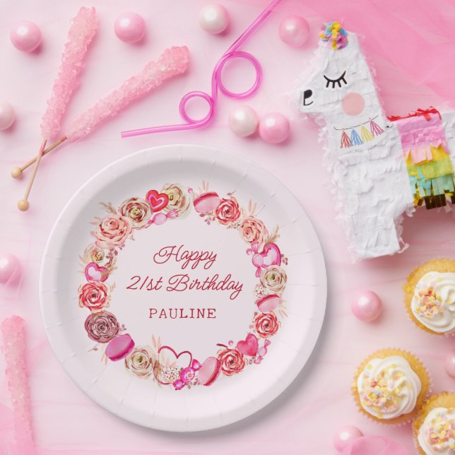 Assiettes En Carton 21e anniversaire Roses roses Tourbillonnant Coeur (Fête)