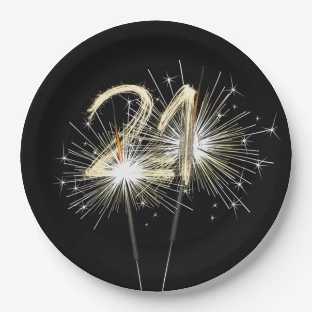 Assiettes En Carton 21e fête d'anniversaire Sparklers sur Noir (Devant)