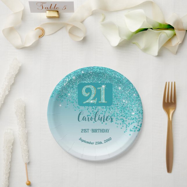 Assiettes En Carton 21st Birthday Party Sparkle Teal Blue Glitter (Mariage)
