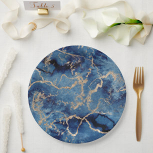 Assiettes en carton 22,9 cm - motif bleu et or