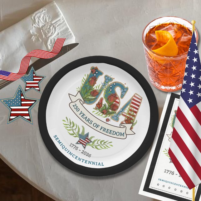 Assiettes En Carton 250 Years of Freedom Chic Patriotic Black Border (250 Years of Freedom Chic Patriotic Black Border Paper Plates)