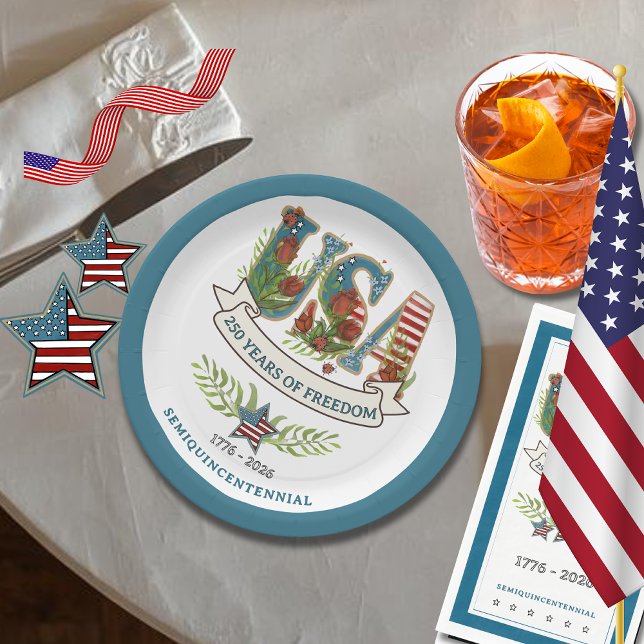Assiettes En Carton 250 Years of Freedom Elegant Patriotic Blue Border (250 Years of Freedom Elegant Patriotic Blue Border Paper Plates)
