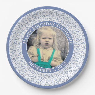 Assiettes En Carton 25 Votre photo Numéro Aléatoire Motif Bleu/Blanc