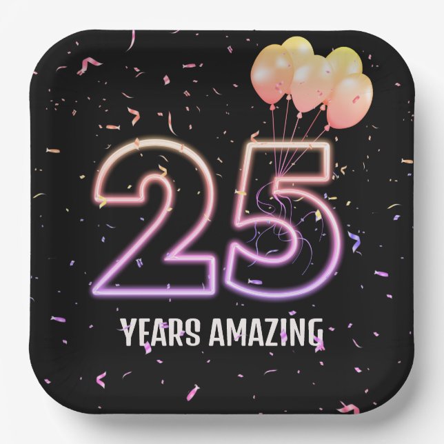 Assiettes En Carton 25e anniversaire Balloons et Confetti (Recto)