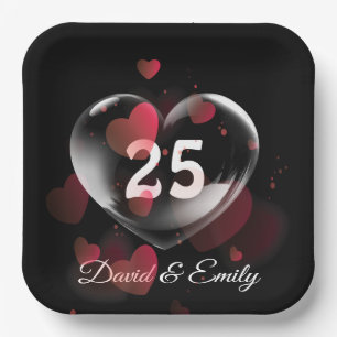 Assiettes En Carton 25e Anniversaire Bulle cardiaque avec Coeurs rouge