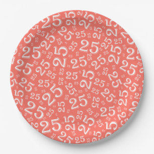 Assiettes En Carton 25e anniversaire Coral/Blanc Random Numéro Motif