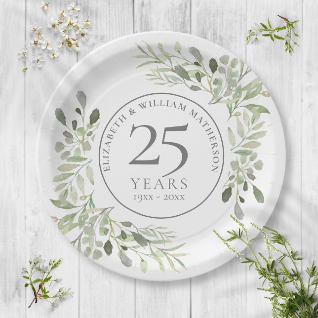 Assiettes En Carton 25e anniversaire d'argent Aquarelle de verdure Flo (Créateur téléchargé)