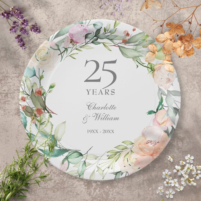 Assiettes En Carton 25e anniversaire d'argent Rose Floral Green (Créateur téléchargé)