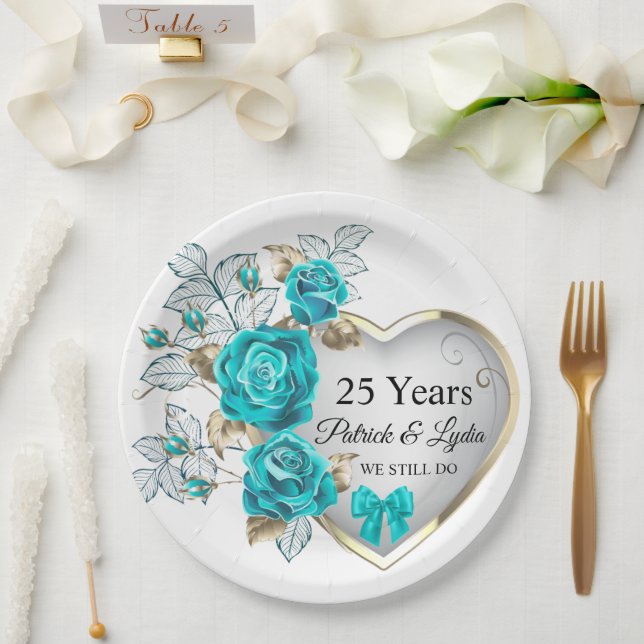 Assiettes En Carton 25e anniversaire de la floraison turquoise - JE LE (Mariage)