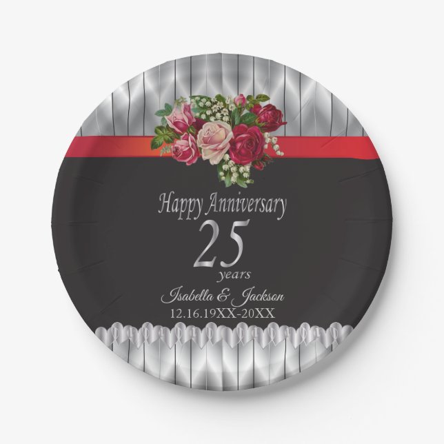 Assiettes En Carton 25e anniversaire de l'argent et du Mariage Rose (Devant)