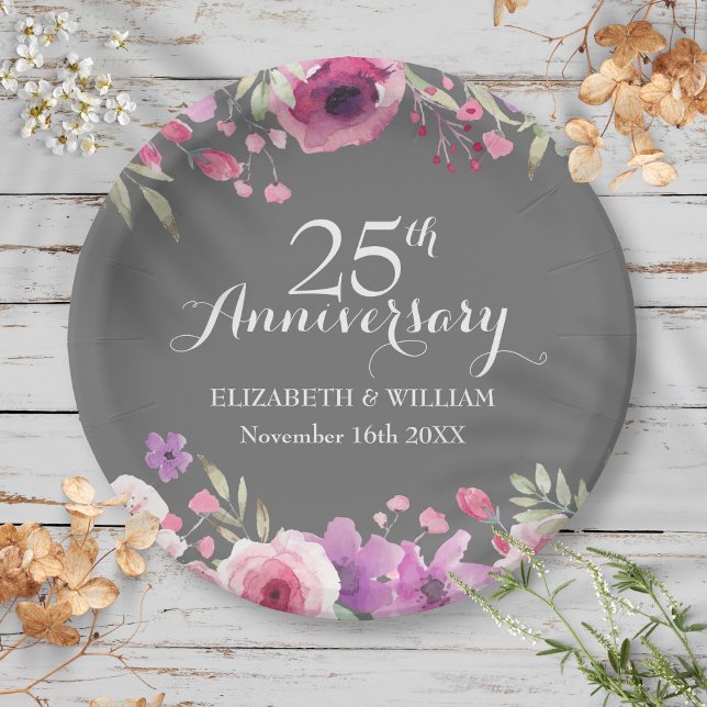 Assiettes En Carton 25e Anniversaire de Mariage Roses Aquarelles (25th Wedding Anniversary Watercolor Roses Paper Plates)