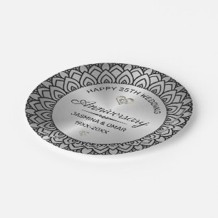 Assiettes En Carton 25e anniversaire du mariage Silver & black mandala