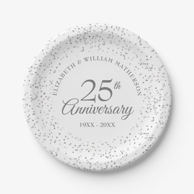 Assiettes En Carton 25e anniversaire Mariage Silver Confetti Moderne (Devant)