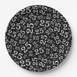Assiettes En Carton 25e anniversaire Noir/Blanc Random Numéro Motif