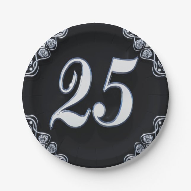 Assiettes En Carton 25e anniversaire ou anniversaire Regal Argent Noir (Devant)