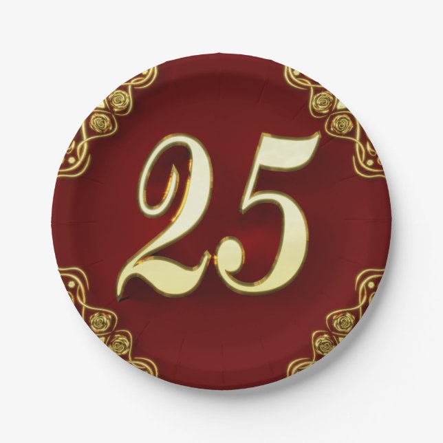 Assiettes En Carton 25e anniversaire ou anniversaire Regal Gold et Red (Devant)