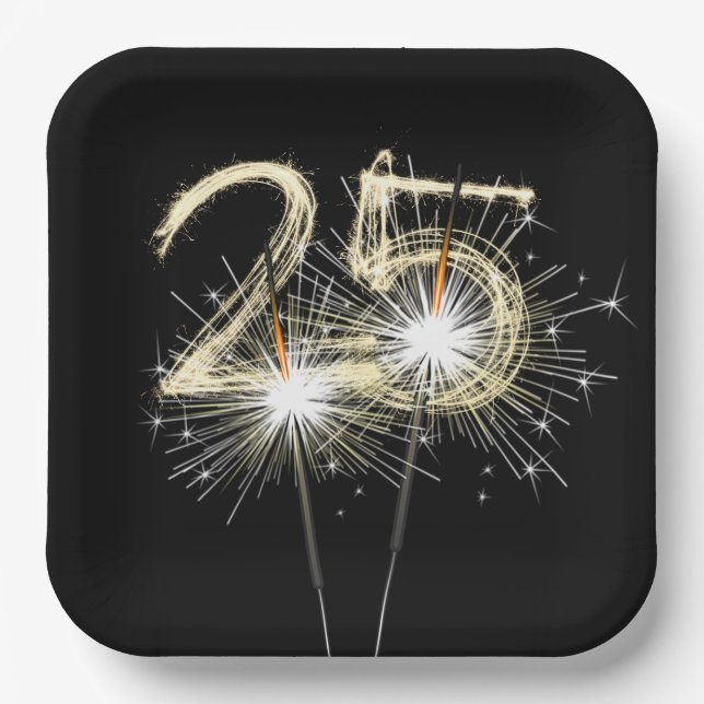 Assiettes En Carton 25e anniversaire Sparklers de fête sur noir (Recto)