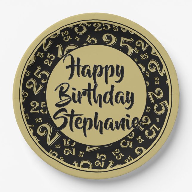 Assiettes En Carton 25e Motif de numéro aléatoire Noir/Or (Devant)