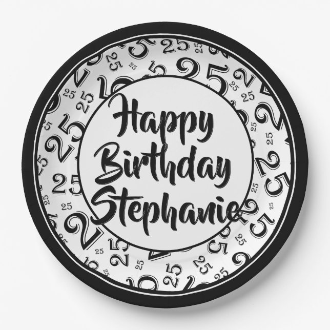 Assiettes En Carton 25e Motif du numéro aléatoire noir/blanc (Devant)