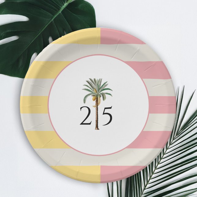 Assiettes En Carton 25th Birthday Palm Beach Tropical Pastel Stripe (Créateur téléchargé)
