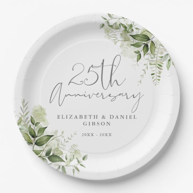 Assiettes En Carton 25th Wedding Anniversary Greenery Silver Script (Devant)
