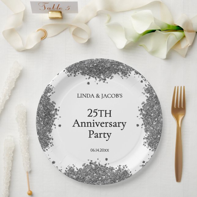 Assiettes En Carton 25th Wedding Anniversary Silver Faux Glitter  (Mariage)