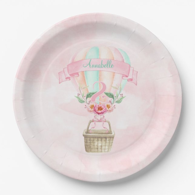 Assiettes En Carton 2 Anniversaire Chaud Air Mint Peach Pink (Devant)