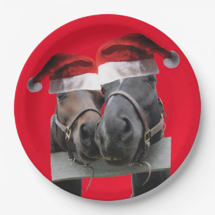 Assiettes En Carton 2 chevaux en Casquettes du Père Noël pour Noël
