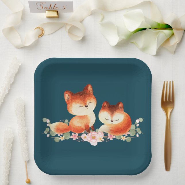 Assiettes En Carton 2 mignons Petits Renards Rouges Aquarelle Design (Mariage)