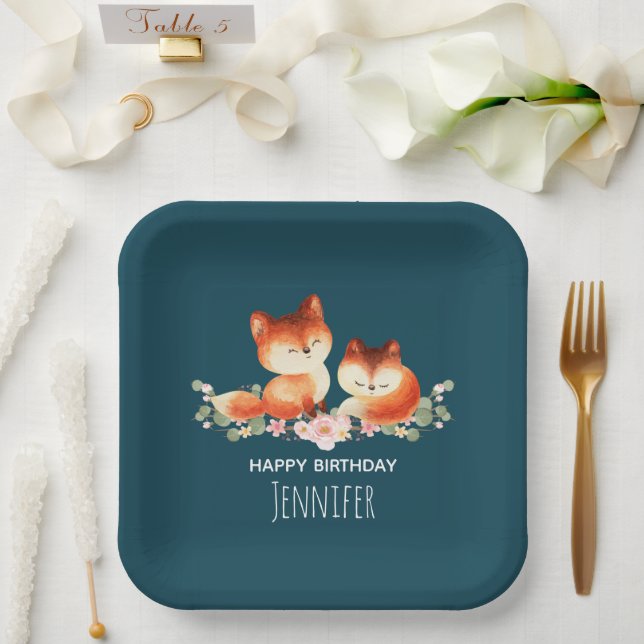 Assiettes En Carton 2 mignons Petits Renards Rouges Aquarelle Design A (Mariage)