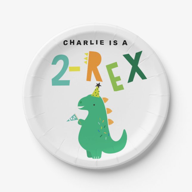 Assiettes En Carton 2-Rex Dinosaur 2e anniversaire Plates (Devant)