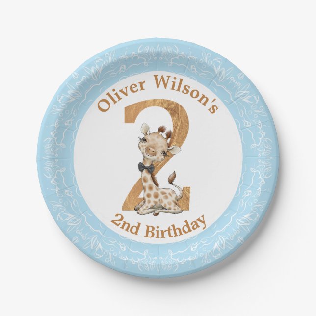 Assiettes En Carton 2e anniversaire Blue Boy Baby Giraffe Plaque en pa (Devant)