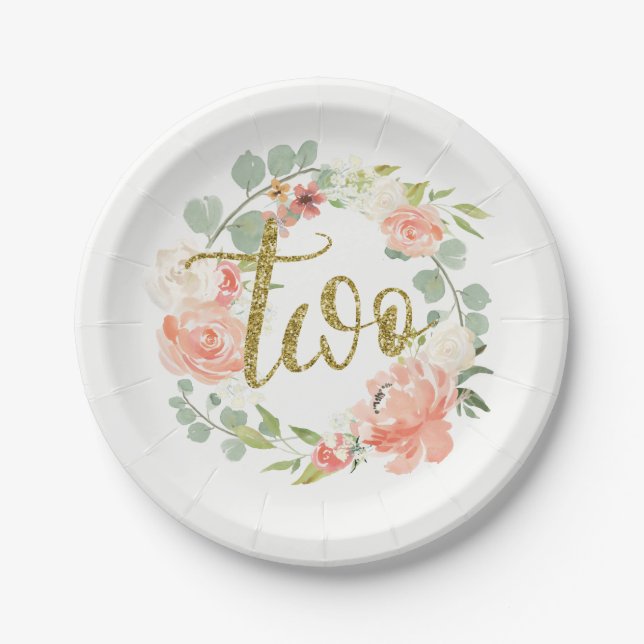Assiettes En Carton 2e Anniversaire Pink Gold Floral Wreath Plaque pap (Devant)
