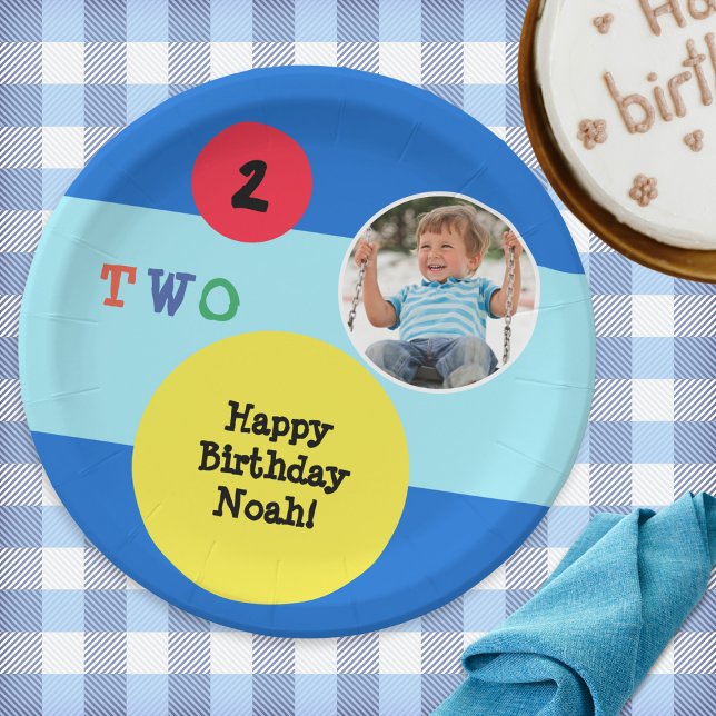 Assiettes En Carton 2e fête d'anniversaire Photo personnalisée Couleur (A colorful paper plate for a 2nd birthday party. Personalize with your own message and photo)