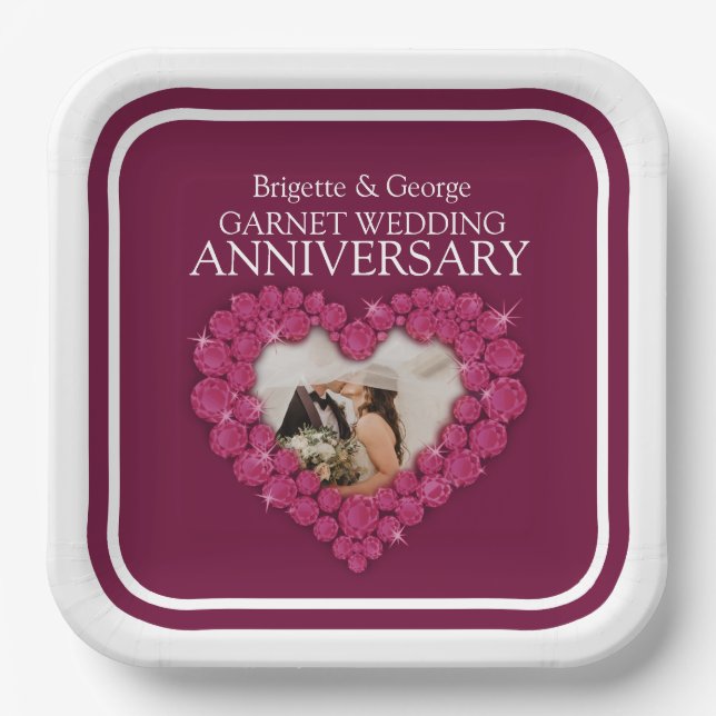 Assiettes En Carton 2e grenat mariage Anniversaire photo coeur rouge (Recto)