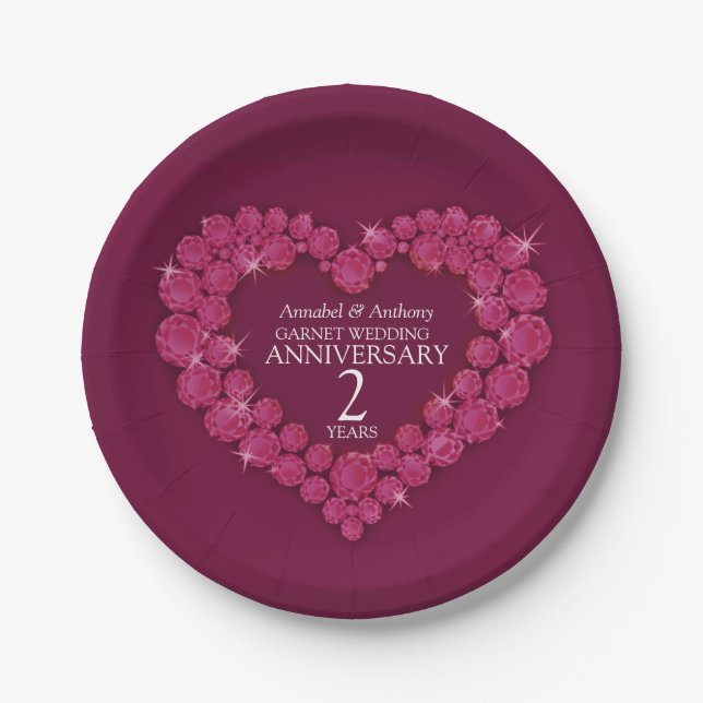 Assiettes En Carton 2e Mariage Anniversaire grenat coeur rouge Tour Pi (Devant)