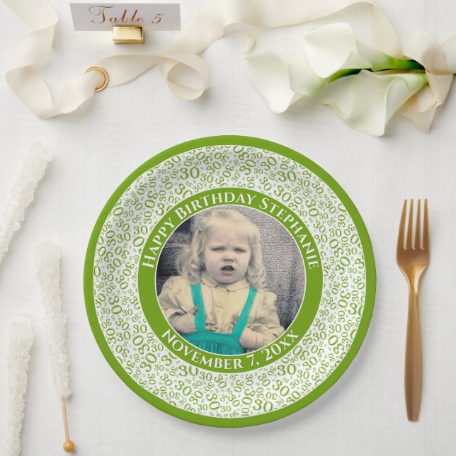 Assiettes En Carton 30 Votre photo Numéro Aléatoire Motif Vert/Blanc (Mariage)