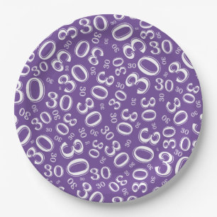 Assiettes En Carton 30e âge Motif de nombre aléatoire blanc/pourpre