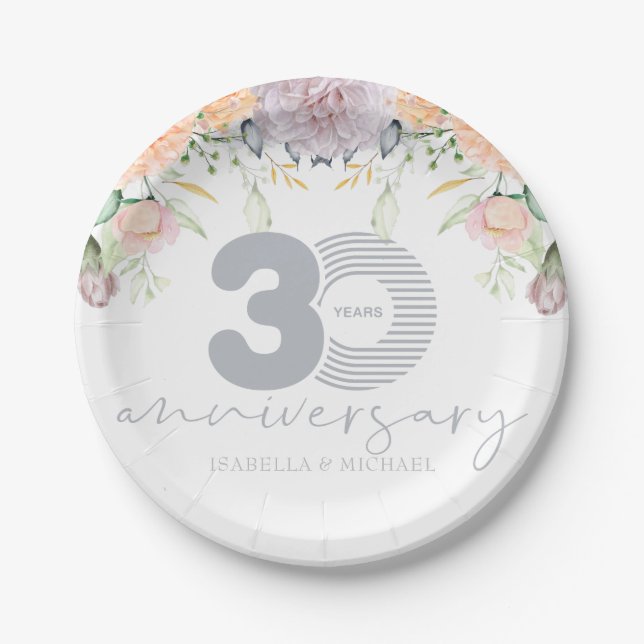 Assiettes En Carton 30e anniversaire du Mariage personnalisé Floral (Devant)