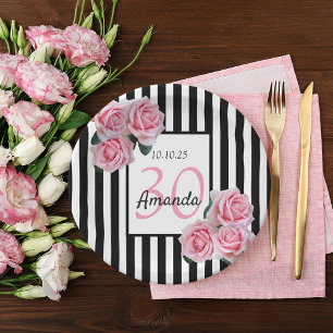 Assiettes En Carton 30e anniversaire florale rose noir rayures blanche