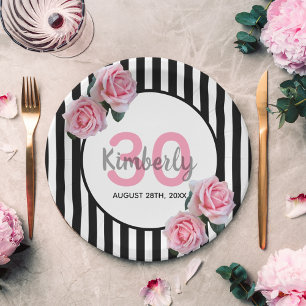 Assiettes En Carton 30e anniversaire noir rayures rose florales nom