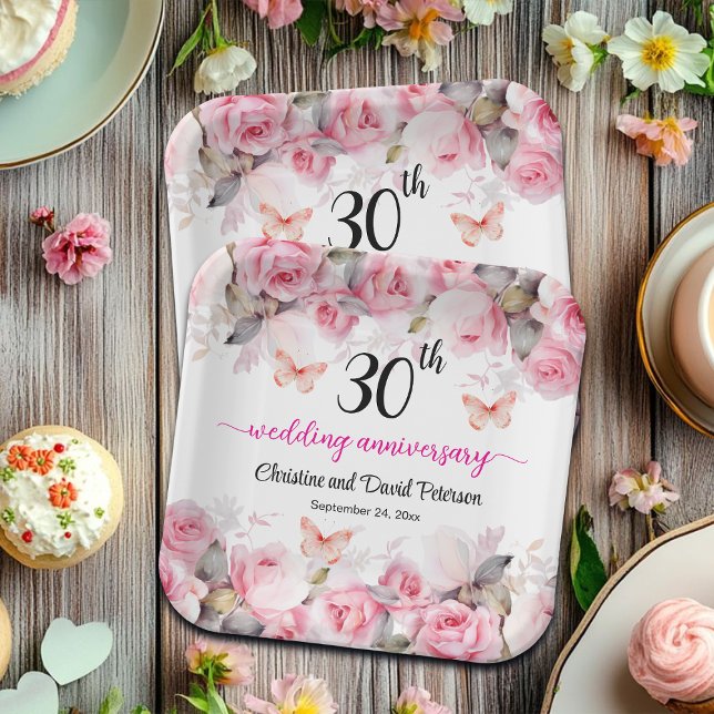 Assiettes En Carton 30e Mariage Pearl Anniversaire Roses blush (Créateur téléchargé)