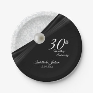 Assiettes En Carton 30e Perle & Black Mariage Anniversaire Design