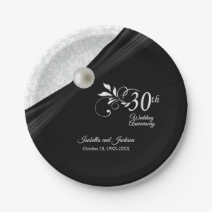 Assiettes En Carton 30e Perle & Black Mariage Anniversaire Design