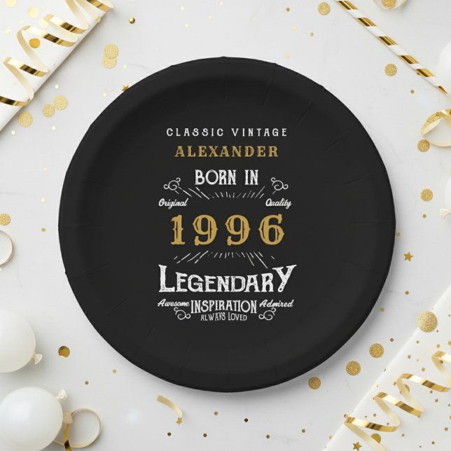 Assiettes En Carton 30th Birthday 1996 Legendary Retro (1996 black paper plate on a white and gold background)