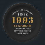 Assiettes En Carton 30th Birthday Born 1993 Ajouter Nom Black Gold<br><div class="desc">Anniversaire personnalisé ajoutez votre nom et plaque de papier de l'année. Modifiez le nom et l'année avec le modèle fourni. Un merveilleux accessoire de fête d'anniversaire personnalisé. Plus de cadeaux et de fournitures de fête disponibles avec le design "normes de fixation" dans le magasin.</div>
