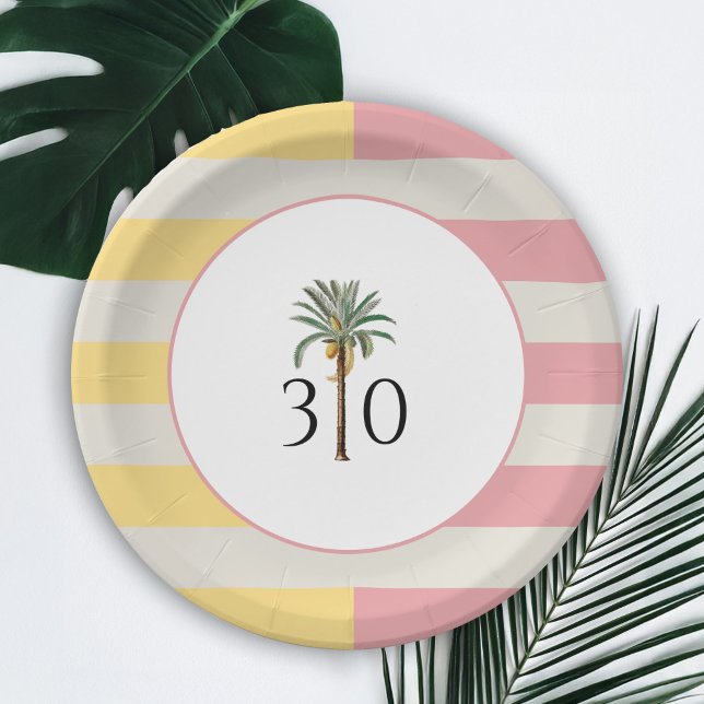 Assiettes En Carton 30th Birthday Palm Beach Tropical Pastel Stripe (Créateur téléchargé)