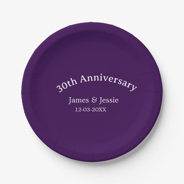 Assiettes En Carton 30th wedding anniversary name date purple simple  (Devant)